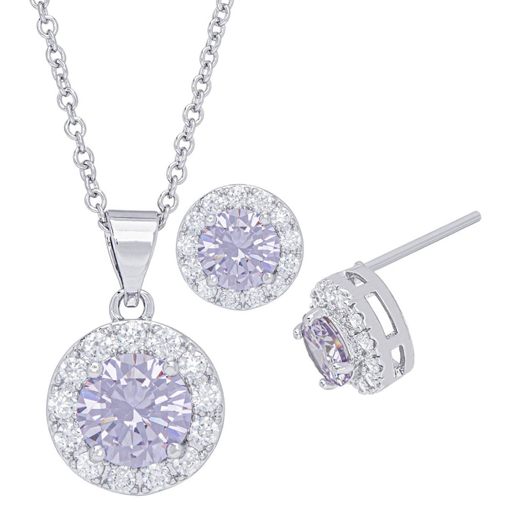NWT Cubic Zirconia Round Halo Pendant and Earrings Set in Fine Silver Plate.